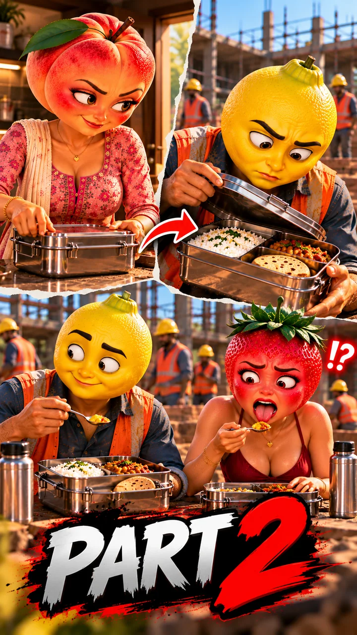 Peach Ka Badla AI story poster featuring fruit characters in four scenes