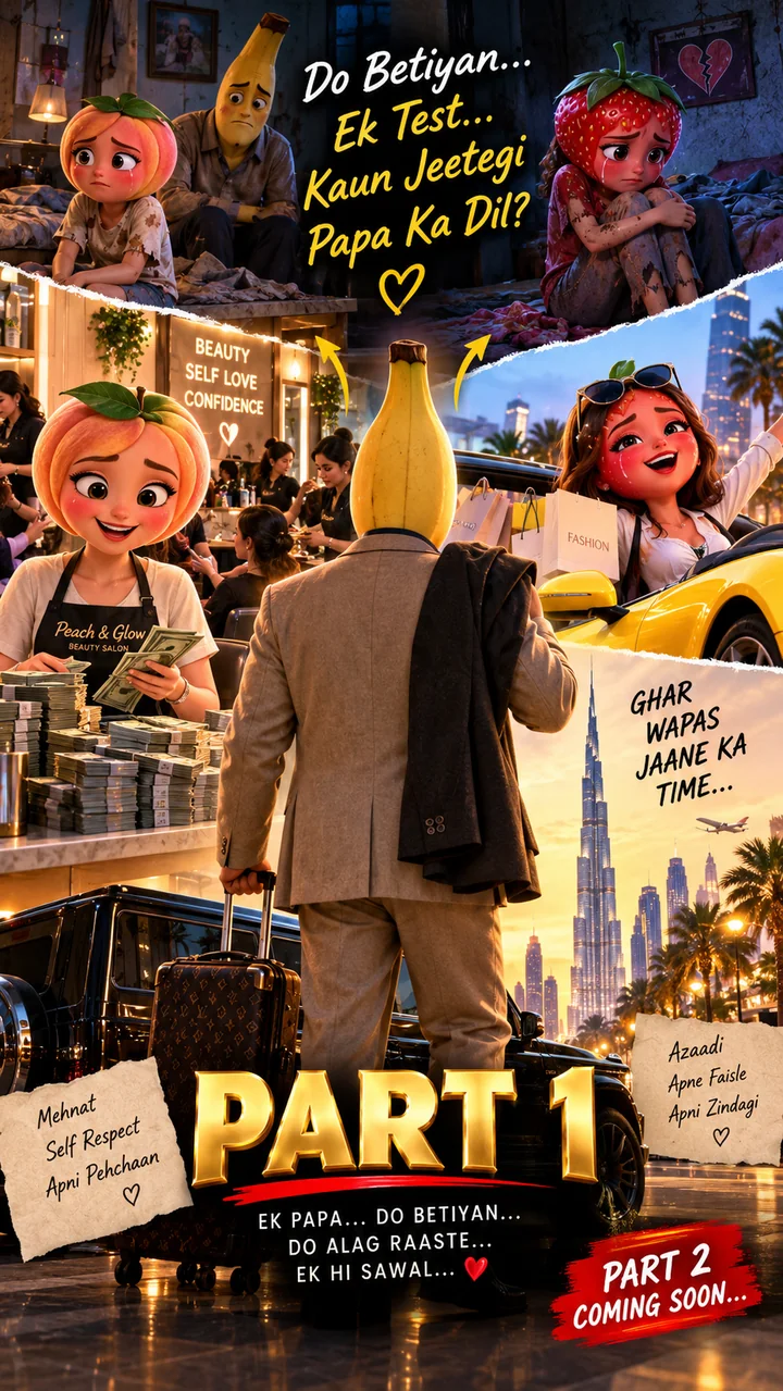 Do Betiyan AI story poster featuring a banana father and his two fruit daughters