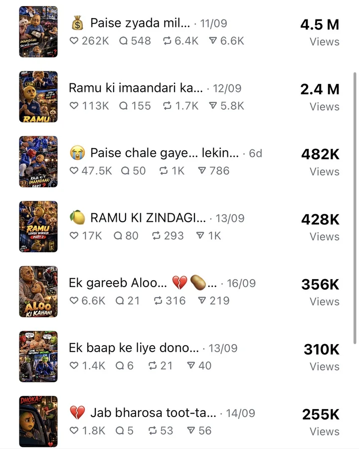 Instagram content list showing top reels with millions of views